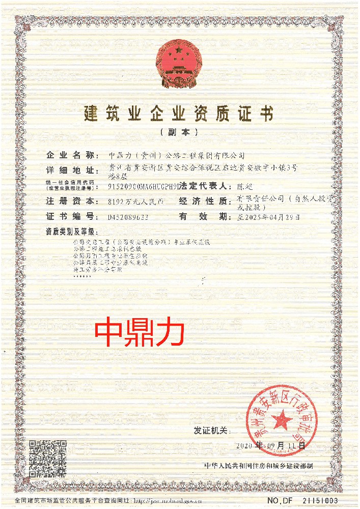 中鼎力（貴州）公路工程集團(tuán)有限公司證書(shū)